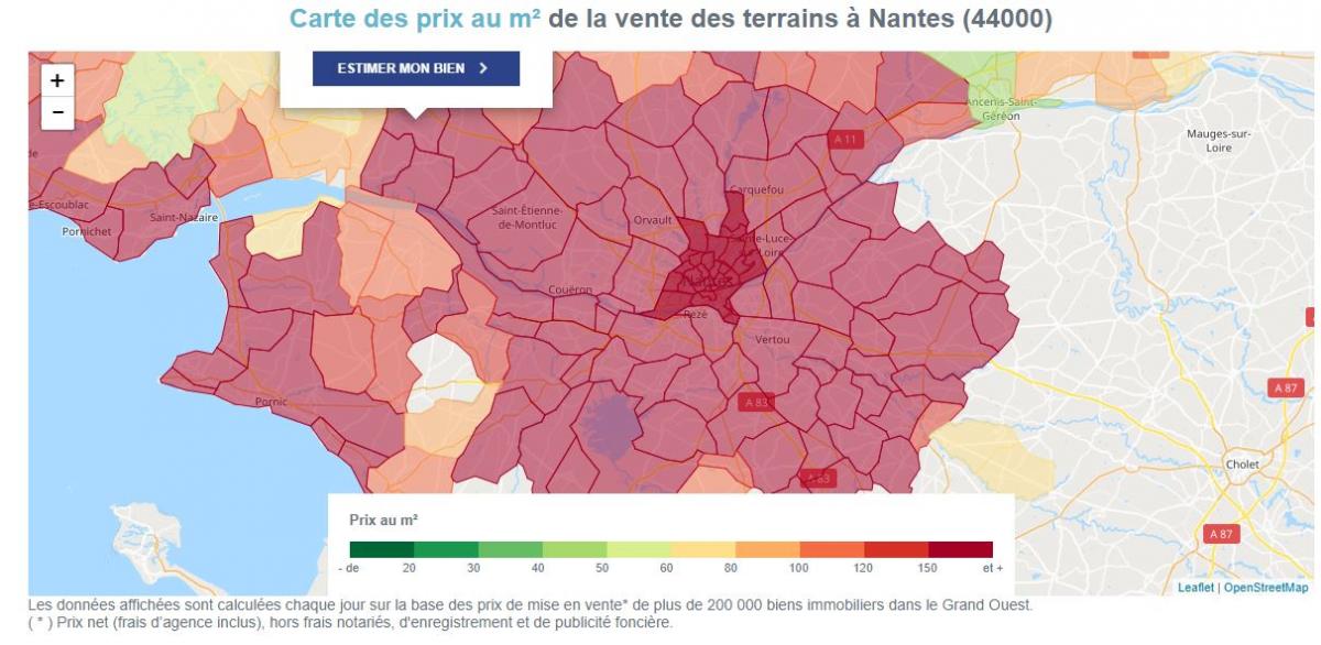 Carte des prix au m² en Vendée, Loire Atlantique